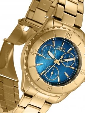 Invicta Women's Angel 29108 Quartz 3 Hand Gold Blue Dial Watch NWT And Box